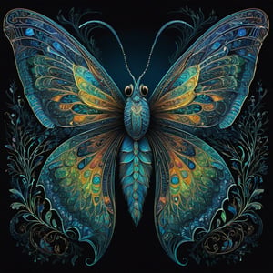 In a mesmerizing concept art piece, a majestic, endangered creature of enchantment comes to life. Through intricate line art, a mythical bioluminescent species is portrayed, its delicate and luminous features captured in stunning detail. The exquisite painting showcases a harmonious blend of vibrant hues and delicate tracery, illuminating the intricate patterns that adorn the creature's iridescent wings. Its large, soulful eyes glow with a captivating otherworldly radiance, accentuated by its velvety midnight-black fur that seems to absorb and reflect light simultaneously. This extraordinary image invites viewers to witness the ethereal beauty of this rare species, subtly hinting at the urgency to protect and preserve such magical wonders of the natural world.