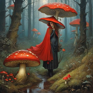 Rebecca guay and android jones and van gogh, A small forest critter, in the forest in the rain shielding themself under a large red caped mushroom, arthur rackham, cyril rolando