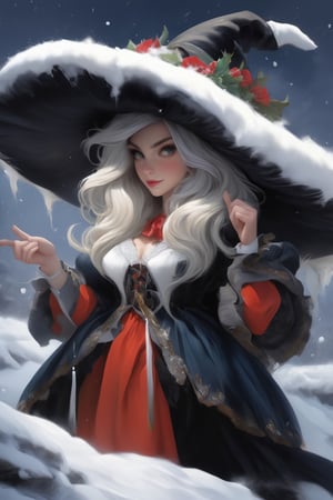((Ultra-detailed)) portrait of a beautiful wintermelancholia witch walking through the snow, arms crossed, leaving footprints in the snow, wispy skirt hem dragging through the snow, wearing a \(inkycapwitchyhat\) with white drips on the brim, detailed exquisite face,hourglass figure,model body,playful smirks,(dreamy opalescent snow shimmer, snow particles)
BREAK
(backdrop: a dreamy winter wonderland, castle ruins covered in snow, distant building with lights in the windows)
BREAK
Ultra-Detailed,(sharp focus,high contrast:1.2),8K,trending on artstation,cinematic lighting, abigail larson and magali villeneuve, by Karol Bak,Alessandro Pautasso and alberto seveso, Hayao Miyazaki, todd lockwood, sabbas apterus and yoshitska amano, rob gonsalves winter art, inkycapwitchyhat,photo_b00ster,real_booster,w1nter res0rt