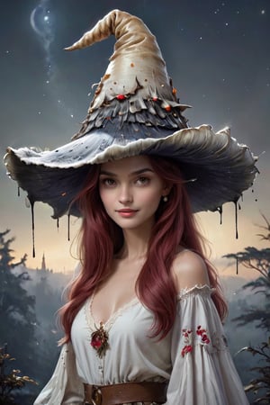 Wearing fng1-witchhat with ((wavy gilled-brim))((gilled-underbrim)), whimsical, head tilted back looking up, extra wide brim, low angle view, enigmatic smile, thick curly redpink hair