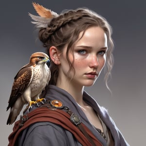 A fantasy character concept portrait of a human wizard woman with pale complexion, subtle freckles, mousy darkbrown messy long hair pulled back in a low messy bun, ((face reminiscent of  jennifer lawrence)), clever grey eyes, skeptical annoyed condescending expression, worn and layered traveling wizard clothing adorned with various magical trinkets, a spellbook and potion vials attached to her belt, and a magical red-tailed hawk perched on her shoulder. The background is detailed, with a captivating composition and color, blending fantasy and realism 