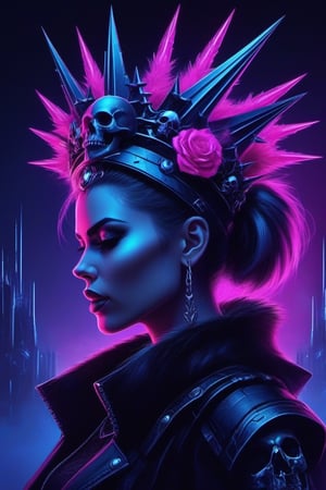 1girl, skull crown, spike crown, epic, profile view, digital illustration painting, perfect composition, blue pink gothic cyberpunk synthwave