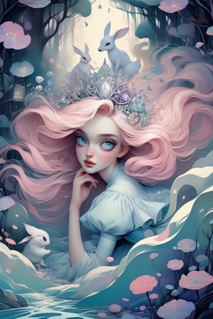 Pastel colors palette, bathed in dreamy soft pastel hues, || Bold illustration, charlie bowater and Gediminas Pranckevicius and victo ngai, surreal fantasy illustration, realistic proportions, complex composition, linework, decorative elements, vector painting, highly detailed, digital illustration, artstation, beautiful, wholesome, nostalgia, high quality || "alice in wonderland by arthur rackham, following the white rabbit, flying cards, falling into wonderland" | impossible dream, pastelpunk aesthetic fantasycore art, vibrant soft pastel colors,eyes shoot,more detail XL,niji style