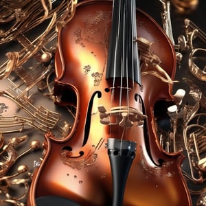 high quality, 8K Ultra HD, Musical notes and musical instrument shapes inside a violin made of crystal, high detailed, 