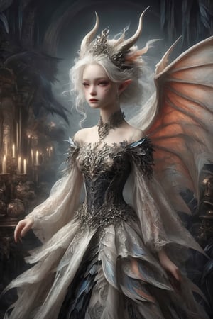 Soft finish, Ultra Realistic,
1 girl, (masterful), albino demon girl, (demon horns:1.2),
In her elegant attire, the albino demon girl embodies an enchanting blend of dark allure and Rococo refinement,meticulously crafted with cascading layers of lace, features a corseted bodice that accentuates her slender waist. Delicate silver embroidery adorns the edges of the gown, tracing ethereal patterns reminiscent of dragon scales.

The off-the-shoulder sleeves, Each sleeve is intricately detailed with feather-light lacework, resembling the delicate wings of a dragon,
Completing her look, the albino demon girl wears a silver tiara adorned with small dragon-shaped motifs,
A motley and decadent nightclub background,
, ,lis4,cutegirlmix,Christmas Fantasy World,renny the insta girl,Decora_SWstyle,PetDragon2024xl