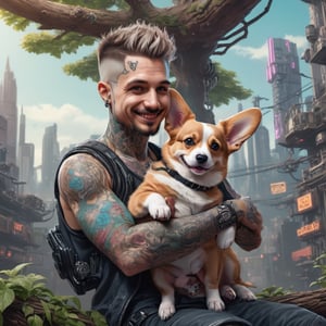 Detailed illustration of a tattooed cyberpunk man holding a corgi puppy in his arms, next to a smiling woman, laying on a branch, very highly detailed, intricate, magnificent, imaginative, full scene, fantasy concept art, 8k resolution, hyperdetailed matte painting