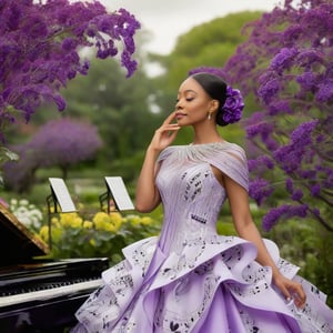 A woman with a sleek, silver-toned complexion, standing in a serene garden setting. She is adorned in a flowing dress made of musical sheets, with notes and symbols printed on them. The woman holds a vibrant purple flower close to her face, seemingly admiring its beauty. Behind her, a grand piano is positioned, suggesting a musical theme. The garden is enveloped in a pinkish hue, with trees and foliage that appear to be made of cascading fabric or mist. The sky above is overcast, adding a touch of melancholy to the overall ambiance.