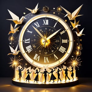 New years countdown clock with origami scenes surrounding it, passing time, new years celebration, people toasting champagne, beauty and memory and love and laughter and light