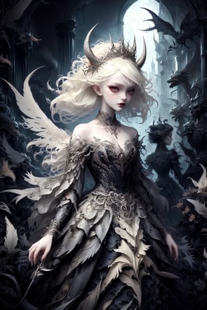 Ultra Realistic,
1 girl, (masterful), albino demon girl, (demon horns:1.2),
In her elegant attire, the albino demon girl embodies an enchanting blend of dark allure and Rococo refinement,meticulously crafted with cascading layers of lace, features a corseted bodice that accentuates her slender waist. Delicate silver embroidery adorns the edges of the gown, tracing ethereal patterns reminiscent of dragon scales.

The off-the-shoulder sleeves, Each sleeve is intricately detailed with feather-light lacework, resembling the delicate wings of a dragon,
Completing her look, the albino demon girl wears a silver tiara adorned with small dragon-shaped motifs,
A motley and decadent nightclub background,
, ,lis4,cutegirlmix,Christmas Fantasy World,renny the insta girl,Decora_SWstyle