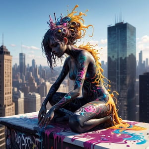 Dissolving person (made of graffiti:1.4) sitting on the roof of a skyscraper, tendrils of dissolving paint coming off of them, paint drops dissolving, graffiti dissolving, body made of living graffiti, unraveling, by Nychos, digital painting masterpiece, energy, rich color, artstation, unreal engine 5, fine details, detailed brushwork, 8k, clean image, contrast and depth, atmospheric perspective, reflections, chiaroscuro,Decora_SWstyle,renny the insta girl,ellafreya