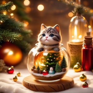 Cute very small chubby cat in a glass potion bottle, miniature cat in a mana bottle, realistic cat, real, natural cat, very small cute cat. Christmas day, Warm atmosphere. Under a christmas tree, gifts, winter style, bottles of cute, beautiful, dramatic, Playful

