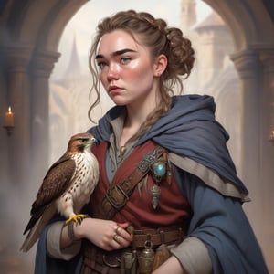 A fantasy character concept portrait of a human wizard woman with pale complexion, subtle freckles, mousy brown messy long hair pulled back in a low messy bun, ((face reminiscent of  florence pugh)), clever grey eyes, skeptical annoyed condescending expression, worn and layered traveling wizard clothing adorned with various magical trinkets, a spellbook and potion vials attached to her belt, and a magical red-tailed hawk perched on her shoulder. The background is detailed, with a captivating composition and color, blending fantasy and realism 