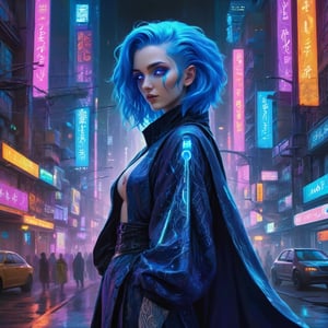 Drenched in neon hues and exuding an aura of mystique, a charismatic enchanter with flowing electric blue hair and glowing iridescent eyes captivates the viewer. This digital image, resembling a meticulously detailed painting, showcases the enchanter standing amidst a bustling cyberpunk cityscape. Every pixel is saturated with vivid colors, creating a mesmerizing contrast between darkness and light. The enchanter's intricate attire shimmers with holographic patterns, hinting at their otherworldly powers. This stunning depiction immerses viewers in a futuristic world where magic and technology intertwine seamlessly.