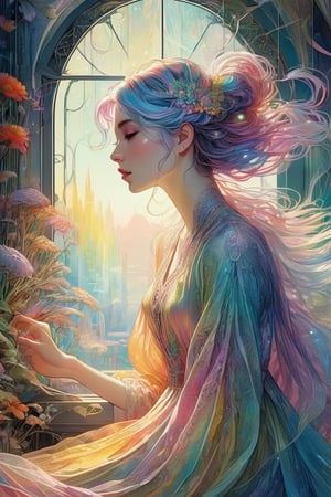 ((Beautiful woman with glass skin and prismatic hair lays in a window nook dressed in a pretty softly colored rainbow lacy night gown)); highly detailed, dynamic lighting, dynamic pose, cozy bedroom in the background, intricate motifs, organic tracery, perfect composition, digital painting, artstation, concept art, smooth, sharp focus, illustration, Carne Griffiths, pixar, Victo ngai, Jean Baptiste Monge, shiny aura, flickering light, colorful, portrait, sunshine rays, close-up, realistic, watercolor, soft colors, sunshine, sunshine rays
,Girl