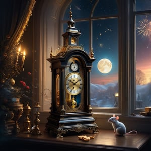 New years countdown, renewal, happy new year 2024, fireworks and champagne || the anticipation and excitement leading up to the stroke of midnight on New Year's Eve perfectly captured forever,, "Miniature mice looking at the moon and new year's eve night fireworks" Rococo, delicate, cute sitting inside a ((grandfather clock near a window)), champagne and cheese, light particles flying around inside, clock counting down to midnight! beautiful digital illustration by yoshitaka amano, dan mumford, Nicolas delort, jeff koons, photorealism, crisp, UHD, fantasy, gorgeous linework, a complex and intricate masterpiece, cel-shaded, detailed_fantasy_background, hyperdetailed; by Kim Keever Antoine Collignon Wadim Kashin Tim Burton Peter Mohrbacher, realism; incredible composition; dynamic_lighting; meticulously composed concept art, fascinating_stars, masterpiece, mystic fog, digital illustration, Reflections, Volumetric_lighting, subsurface scattering