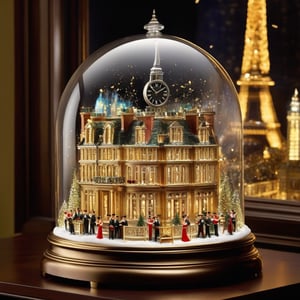 Inside a glass clock on New Year's Eve, a group of people are joyfully raising their glasses to toast champagne. The miniature cities of NYC and Paris are meticulously crafted within the glass enclosure, adding a charming whimsy to the scene. The image, captured in a photograph, showcases an exquisite attention to detail. Each individual in the group wears elegant attire, their expressions filled with anticipation and merriment. The clock's transparency allows the viewer to appreciate the intricate miniature architecture of both cities, creating a vibrant and enchanting atmosphere. The image's impeccable clarity and vibrant colors make it a visually stunning depiction of a festive celebration.