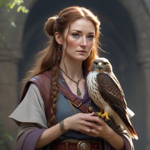 A fantasy character concept portrait of a human wizard woman with pale complexion, subtle freckles, mousy brown messy long hair pulled back in a low messy bun, ((face reminiscent of  Jane Seymour)), clever grey eyes, skeptical annoyed condescending expression, worn and layered traveling wizard clothing in earthy colors adorned with various colorful magical trinkets, a spellbook and potion vials attached to her belt, and a magical red-tailed hawk perched on her shoulder. The background is detailed, with a captivating composition and color, blending fantasy and realism 