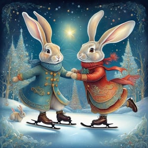 Rabbits ice skating on christmas, Bold illustration, stephanie law, surreal fantasy illustration, realistic proportions, complex composition, linework, decorative elements, vector painting, highly detailed, digital illustration, artstation, beautiful, wholesome, nostalgia, high quality