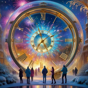 Miniature new years celebration people inside a clear clock, dreamscape of a fully transparent Majestic glass clock, countdown, fireworks, people, award winning, concept design, polycarbonate, visible new years celebration party internals art by lisa frank and karol bak and Kirsty Mitchell . surreal, ethereal, dreamy, mysterious, fantasy, highly detailed, perfect composition, glorious background, digital painting, perfect_composition, stunning, something that even doesn't exist, mythical being, energy, molecular, textures, iridescent and luminescent scales, breathtaking beauty, pure perfection, divine presence, unforgettable, impressive, breathtaking beauty, Volumetric light, auras, rays, vivid colors reflect