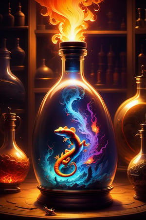 On fire!!! A fairytale illustration and Action painting, "Trapped in a decorative bottle!!!" Contained in glass Is an ethereal, ominous radioluminescent fire_salamander ghost, Salamandra_salamandra, on fire, in an alchemy lab, creature made of flame and embers and color-changing smoke wisps, alchemical sparks, atmospheric perspective, horror fantasy, detailed alchemy lab background, 8k resolution, behance, Artstation, photorealistic anime visual, alberto seveso, jordan grimmer, inspired by mtg artists and charlie bowater and da vinci, cool detailed background, sharp focus, emitting diodes, smoke, sparks, FLAMES!!! by pascal blanche rutkowski repin artstation, flamepunk firecore ghost salamander, fire theme