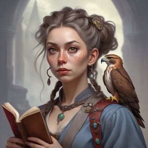 A fantasy character concept portrait of a human wizard woman with pale complexion, subtle freckles, mousy brown messy long hair pulled back in a low messy bun, ((face reminiscent of  rita moreno)), clever grey eyes, skeptical annoyed condescending expression, worn and layered traveling wizard clothing adorned with various magical trinkets, a spellbook and potion vials attached to her belt, and a magical red-tailed hawk perched on her shoulder. The background is detailed, with a captivating composition and color, blending fantasy and realism 