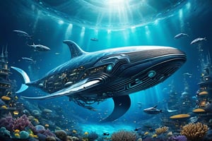 biomechanical style giant whale alien spaceship under the sea with cyborg sea beings around in ocean krater . blend of organic and mechanical elements, futuristic, cybernetic, detailed, intricate