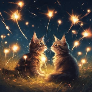 focus on two mainecoon kittens running with sparklers in their mouths, leafing a faint trail of light and sparks, grassy field, night sky full of fireworks, silhouettes of people sitting on blankets, glowing particles, from the void, magic, fantasy, (style of Atey Ghailan:0.8), (by Yoshitaka Amano), ashraful arefin, style of Cyril Rolando, Jeremy Mann, Fabian Perez, Enchanting illustration, ultra realistic, fantasy, (chiaroscuro:1.2), intricate, oil painting, fireflies, Night, complex_background