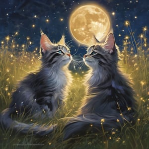 Moonlit meadow aglow with the soft glow of fireflies and a kaleidoscope of fireworks exploding above. Two majestic Maine Coon kittens, their fur a shimmering silver in the night's hush, grasp sparklers in their mouths, leaving a trail of sparks as they frolic across the lush grass. Silhouettes of people seated on blankets dot the landscape, bathed in the warm, golden light of fireflies and the ethereal magic that permeates this enchanted realm. A celestial canvas above, stars twinkling like diamonds against the deep indigo sky.