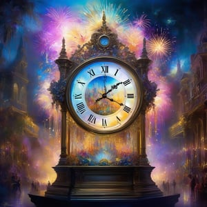 Miniature new years celebration inside a dreamscape of a fully transparent Majestic glass clock, countdown, fireworks, people, award winning, concept design, polycarbonate, visible new years celebration party internals art by lisa frank and karol bak and Kirsty Mitchell . surreal, ethereal, dreamy, mysterious, fantasy, highly detailed, perfect composition, glorious background, digital painting, perfect_composition, stunning, something that even doesn't exist, mythical being, energy, molecular, textures, iridescent and luminescent scales, breathtaking beauty, pure perfection, divine presence, unforgettable, impressive, breathtaking beauty, Volumetric light, auras, rays, vivid colors reflect