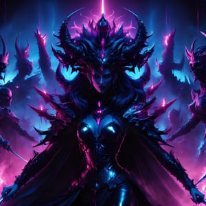 1girl Dark synth war deity, deified queen, empress, many arms, holding magic, holding swords, army of the dead behind her, epic, digital illustration painting, perfect composition, blue pink gothic cyberpunk synthwave