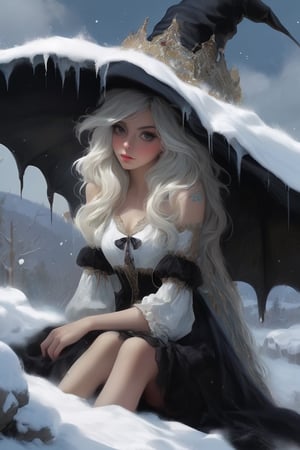((Ultra-detailed)) a beautiful witchgirl sitting on a fantastical bench outside a magical winter wonderland resort hotel,  \(inkycapwitchyhat\), hands in a white fluffy fancy handmuffler, detailed exquisite face,hourglass figure,model body,playful smirks,(sitting with her knees up at a winter widow looking out into snow:1.2),(witchy hat with icicles dripping from the brim),(dreamy opalescent snow)
BREAK
(backdrop: magnificent ice castle and snowy landscape, crystalline)
BREAK
Ultra-Detailed,(sharp focus,high contrast:1.2),8K,trending on artstation,cinematic lighting,by Karol Bak,Alessandro Pautasso and alberto seveso, Hayao Miyazaki, todd lockwood, sabbas apterus and yoshitska amano, magali villeneuve, rob gonsalves winter art, inkycapwitchyhat,photo_b00ster,real_booster,w1nter res0rt