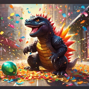 Close up of an adorable happy colorful-baby-godzilla playfully grabbing falling confetti, sitting on the floor, cute smile, painting by slawomir maniak and greg tocchini, sunny day, confetti, playing with confetti, humor illustration, UHD detailed matte painting, deep color, intricate detail, complementary colors, concept art, 8k, tilt, bokeh, playful