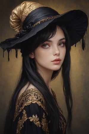 breathtaking portrait of a gorgeous girl, red scarf, dark gold and black, gossamer fabrics, jagged edges, eye-catching detail, insanely intricate, vibrant light and shadow , beauty, paintings on panel, textured background, captivating, stencil art, style of oil painting, modern ink, watercolor , brush strokes, negative white space,InkyCapWitchyHat