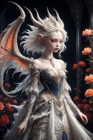 Ultra Realistic,
1 girl, (masterful), albino demon fairy, dark magic, Devil soul, Jinn, Demon, divine, clean skin, particles of lighting, multi color lighting fairy, (demon horns:1.2),
In her elegant attire, the albino demon girl embodies an enchanting blend of dark allure and Rococo refinement,meticulously crafted with cascading layers of lace, features a corseted bodice that accentuates her slender waist. Delicate silver embroidery adorns the edges of the gown, tracing ethereal patterns reminiscent of dragon scales.

The off-the-shoulder sleeves, Each sleeve is intricately detailed with feather-light lacework, resembling the delicate wings of a dragon,
Completing her look, the albino demon girl wears a silver tiara adorned with small dragon-shaped motifs,
A motley and decadent nightclub background,
, ,lis4,cutegirlmix,Christmas Fantasy World,renny the insta girl,DracolichXL24