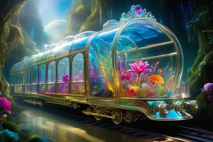 dreamscape a fully transparent Majestic glass tiny_train, award winning, concept design, polycarbonate, visible aquatic internals art by lisa frank and karol bak and Kirsty Mitchell . surreal, ethereal, dreamy, mysterious, fantasy, highly detailed, perfect composition, glorious background