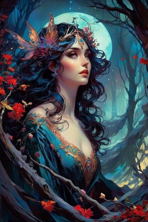 (Hauntingly beautiful gothic fairy), twisted tree branches, lunar eclipse; Ben Bauchau, Michael Garmash, Daniel F Gerhartz, Clint Cearley, Carne Griffiths, Jean Baptiste Monge, Alphonse Mucha, dreamy moonlighting, matte background, volumetric lighting, pulp adventure style, fluid acrylic, dynamic gradients, bold color, highly detailed, simple, smooth and clean vector curves, no jagged lines, vector art, smooth, johan grenier, character design, 3d shadowing, fanbox, cinematic, ornate motifs, elegant organic framing, hyperrealism, posterized, masterpiece collection, bright lush colors, TXAA, penumbra, alcohol paint, wet gouache,Girl