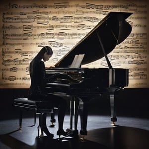 In this enchanting surrealist artwork, a humanoid figure crafted entirely out of sheet music sits gracefully at a grand piano, immersed in a world of melody. The piano itself, adorned with musical notes and symbols, seems to be an extension of the figure's essence. The background is a dark, mysterious space filled with glowing orbs that cast an otherworldly glow upon the scene. The floor, covered in a symphony of sheets of music, emphasizes the deep connection between the figure and the realm of music. As the piano's lid lifts to reveal a sheet music book, the magical and ethereal ambiance of the scene transcends the boundaries of reality, capturing the essence of musical harmony.