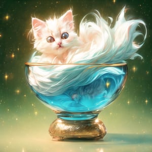 a cute fluffy kitten curled up in a fishbowl, on a table, cute style, sparkling eyes, mischief, illumination background, masterpiece, highquality, dutch angle, bokeh, absurdres, softest fur, pur pur pur, 4k post-processing, sparkles,1 girl