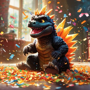Close up of an adorable happy baby-godzilla playfully grabbing falling confetti, sitting on the floor, cute smile, painting by slawomir maniak and greg tocchini, sunny day, confetti, playing with confetti, humor illustration, UHD detailed matte painting, deep color, intricate detail, complementary colors, concept art, 8k, tilt, bokeh, playful