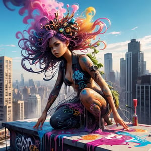 Dissolving person (made of graffiti:1.4) sitting on the roof of a skyscraper, tendrils of dissolving paint coming off of them, paint drops dissolving, graffiti dissolving, made of living graffiti, by Nychos, digital painting masterpiece, energy, rich color, artstation, unreal engine 5, fine details, detailed brushwork, 8k, clean image, contrast and depth, atmospheric perspective, reflections, chiaroscuro,Decora_SWstyle,renny the insta girl,ellafreya