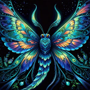 In a mesmerizing concept art piece, a majestic, endangered creature of enchantment comes to life. Through intricate line art, a mythical bioluminescent species is portrayed, its delicate and luminous features captured in stunning detail. The exquisite painting showcases a harmonious blend of vibrant hues and delicate tracery, illuminating the intricate patterns that adorn the creature's iridescent wings. Its large, soulful eyes glow with a captivating otherworldly radiance, accentuated by its velvety midnight-black fur that seems to absorb and reflect light simultaneously. This extraordinary image invites viewers to witness the ethereal beauty of this rare species, subtly hinting at the urgency to protect and preserve such magical wonders of the natural world.