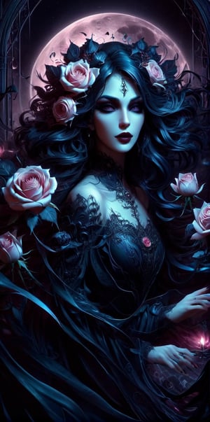 Gothic fairytale, paint flow, elegant, haloed by the moon, roses, swirling lines, abstraction, conceptual, realistic face, beautiful, Decora_SWstyle,DarkSynth