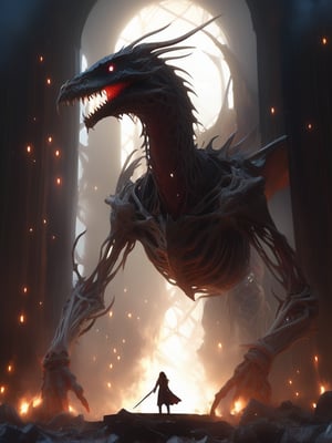 "Dark romance fantasy, close up of a woman with sword wearing dragon bone armor standing above a city, an army looking up at her, embers", bones, ribcage style armor, eldritch, dracolich-like armor, wavy golden dark blonde hair, Masterpiece, Intricate, Insanely Detailed, Art by lois van baarle, todd lockwood, chris rallis, anna dittmann, Kim Jung Gi, Gregory Crewdson, Yoji Shinkawa, Guy Denning, smooth, natural Chiaroscuro, subsurface scattering vfx, actionpainting, best quality, smooth finish, masterpiece,DracolichXL24,art_booster,LegendDarkFantasy,ellafreya,renny the insta girl,real_booster,oil paint 