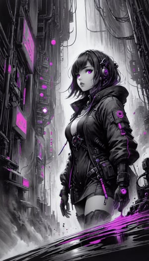 1girl, cyberpunk, selective color purple, ink sketch charcoal ink wash, highly detailed background setting, upward movement,SelectiveColorStyle,art_booster,1colorpop