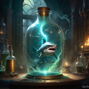 Radial design, a Fairytale illustration Action painting, "Trapped in a bottle!!!" Is an ethereal, ominous radioluminescent shark ghost, in an alchemy lab, alchemical sparks, specimens, atmospheric perspective, horror fantasy, detailed alchemy lab background, 8k resolution, behance, Artstation, photorealistic anime visual, alberto seveso, jordan grimmer, inspired by mtg artists and charlie bowater and da vinci, cool detailed background, sharp focus, emitting diodes, smoke, sparks, by pascal blanche rutkowski repin artstation, waterpunk ghost shark, bubbles