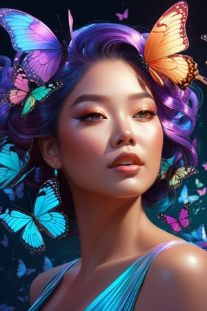 ((Showcase ever-shifting, lustrous hues that dance across surfaces, capturing the enchantment and magic of iridescent textures)), a painting of a woman with butterflies in her hair, digital art, inspired by WLOP, digital art, martin ansin, 8k resolution digital painting, detailed painting 4 k, nft art, digital art of an elegant, cute detailed digital art, trending on artstration, lei min, butterfly, illustrated d1p5comp_style