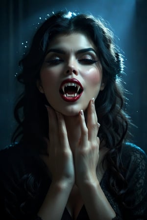 A vampireress stands tall in a long shot (2) with her hands cupped over her eyes, yet she can't help but laugh maniacally (4), revealing sharp fangs and teeth as the camera zooms in on her mouth agape. The lighting is ominous and cinematic, with soft natural volumetric light casting an eerie glow (0.8). The subject's dark hair blends seamlessly into the shadows, as if the darkness itself has taken form. Sparks dance across the canvas-style rendering, imbuing the scene with an otherworldly quality. The focus is sharp, the composition perfect, and the details so intricate they seem to pulse with an evil life of their own.