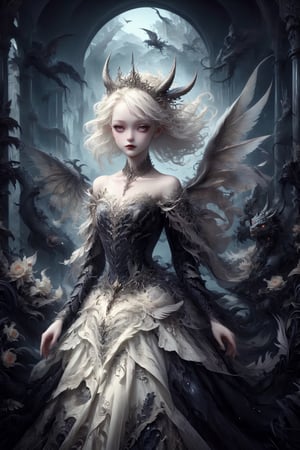 ((Lace skirt), Ultra Realistic,
1 girl, (masterful), albino demon girl, (demon horns:1.2),
In her elegant attire, the albino demon girl embodies an enchanting blend of dark allure and Rococo refinement,meticulously crafted with cascading layers of lace, features a corseted bodice that accentuates her slender waist. Delicate silver embroidery adorns the edges of the gown, tracing ethereal patterns reminiscent of dragon scales.

The off-the-shoulder sleeves, Each sleeve is intricately detailed with feather-light lacework, resembling the delicate wings of a dragon,
Completing her look, the albino demon girl wears a silver tiara adorned with small dragon-shaped motifs,
A motley and decadent nightclub background,
, ,lis4,cutegirlmix,Christmas Fantasy World,renny the insta girl,Decora_SWstyle