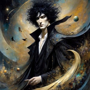 a fantastical portrait (imagining “dream of the endless” from the series sandman), ( gaiman, dave mckean, bill sienkiewicz), dream appears as a thin goth man with a wild messy rockstar black hair, high cheekbones and palest skin, he is wearing a robe cloaking him in dreams, he is shaping the world of the dreaming, creating new dreams and nightmares, shapes flow into each other in ethereal ways symbolizing the half-formed mercurial nature of how we experience dreams, the colors are rich, there is a variety of textures, the image combines digital and traditionsl painting techniques to create visual intrigue, dramatic, cinematic lighting,Decora_SWstyle,ink,style