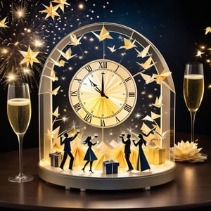 New years countdown clock with origami scenes surrounding it, passing time, new years celebration, people toasting champagne, beauty and memory and love and laughter and light